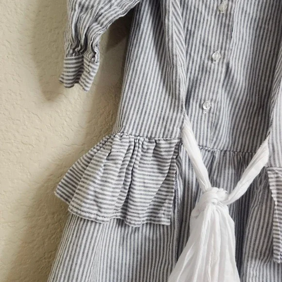 VTG Mousefeathers Size 6 Grey White Striped Lace Collar Puff Sleeve Ruffle Dress - Picture 16 of 16